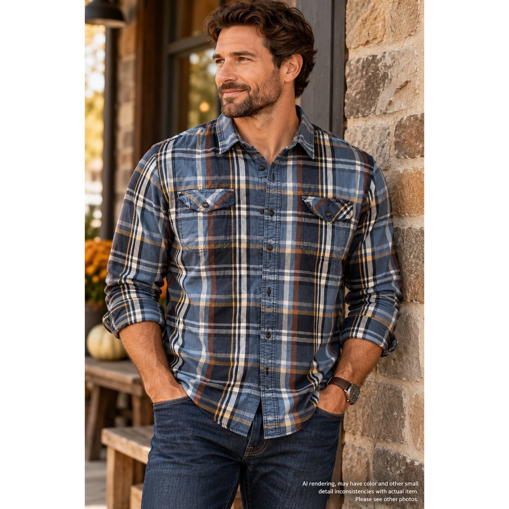 G.H. Bass & Co. Large Flannel Shirt Blue Brown Plaid Cotton Workwear Americana